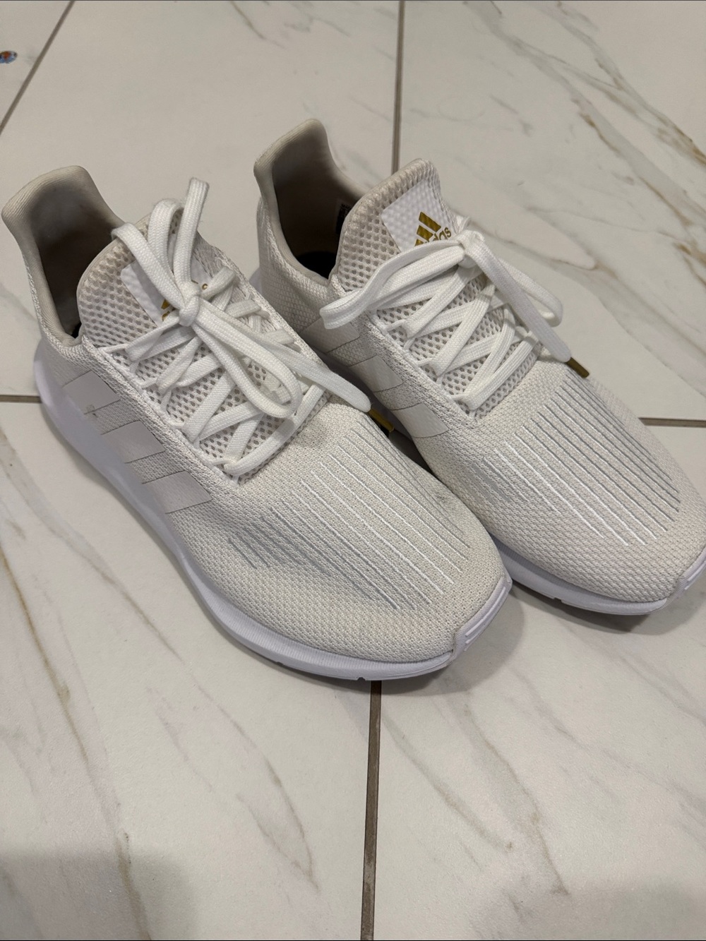 adidas White Knit Sneakers with Gold Logo Accents
